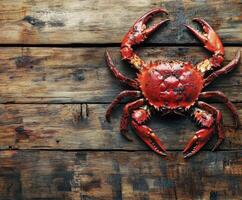 Fresh red crab displayed on a rustic wooden surface highlighting its vibrant color and details photo