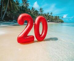 Celebration of turning 20 on a tropical beach with palm trees and clear waters under a bright blue sky photo