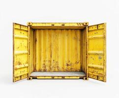 Open yellow shipping container reveals weathered interior in an urban setting during daylight photo