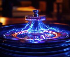 Electric roulette wheel surrounded by glowing blue sparks in a dimly lit casino environment photo