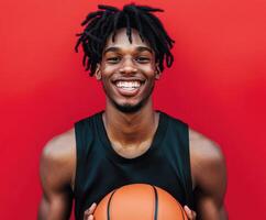 Young athlete poses with basketball against vibrant background, showcasing joy and passion for the sport photo