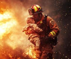 Firefighter rescues child during blaze amidst smoke and flames in dramatic display of courage and bravery photo