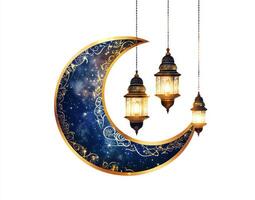 Beautiful crescent moon with hanging lanterns illuminated against a starry night sky, perfect for festive decorations photo