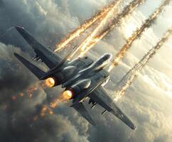 Jet aircraft performs a high-speed maneuver creating bursts of fire in a dramatic cloudy sky photo