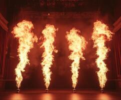 Flames erupt dramatically from the stage during an evening performance in a theater setting photo