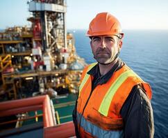 Oil rig worker stands confidently on platform at sunrise with ocean in background showcasing maritime industry setting photo