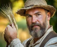 Man in straw hat holds wheat stalks, showcasing traditional agriculture practices in an outdoor setting photo