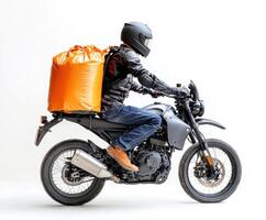 Motorcycle courier delivering goods with an orange backpack in an urban setting photo