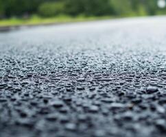 Road surface covered in raindrops reflecting lush greenery during a rainy day photo
