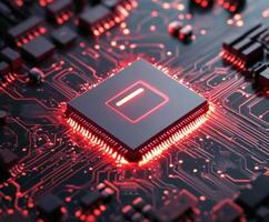 Close-up view of a computer processor illuminated by red lights on a circuit board showcasing advanced technology photo