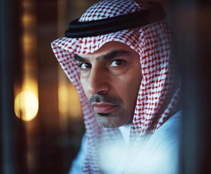 Emirati man in traditional attire gazes thoughtfully in a modern setting during evening hours photo