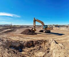Excavator moving dirt at a construction site during sunny day in an open area photo