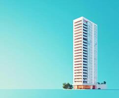 moderno Alto edificio soportes en contra un brillante azul cielo en un contemporáneo urbano ajuste foto