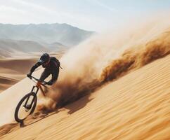 Mountain biker navigating a sandy dune in a desert landscape during daylight hours photo