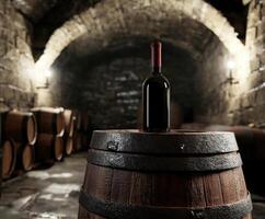 Vintage wine bottle placed on a wooden barrel in a dimly lit cellar with stone walls photo