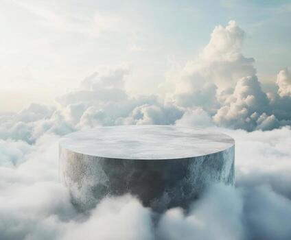 Cloud platform above a surreal landscape with fluffy clouds and soft sunlight in a peaceful atmosphere photo