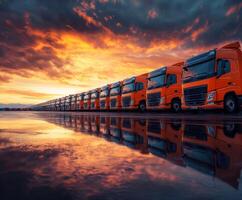 Rows of orange trucks reflecting during sunset by the highway photo