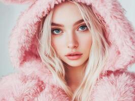 Young woman wearing a fluffy pink hooded jacket poses with soft expression in a bright, cheerful setting photo