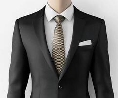 Elegant black suit with stylish tie displayed against a neutral background, highlighting modern fashion details photo