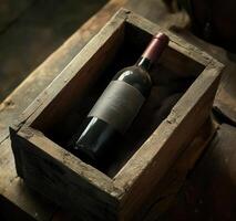 Rustic wine bottle resting in a weathered wooden crate in a dimly lit cellar showcasing vintage charm photo