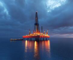 Oil rig stands illuminated against a dark sky during twilight over calm waters in the ocean photo