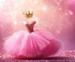 Sparkling pink princess dress with a golden crown on a soft pink background illuminated by shimmering light photo