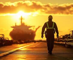 Worker walks along a pier at sunset with a ship in the background and vibrant orange sky photo