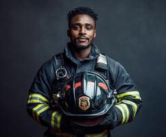 Firefighter poses confidently with helmet during training session in urban setting at dusk photo