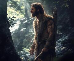 Primitive figure stands in a lush forest, surrounded by greenery under soft sunlight photo