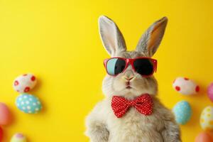 Stylish bunny celebrates Easter with sunglasses and a bow tie among colorful eggs photo