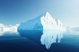 Majestic iceberg reflects in calm ocean waters under clear blue sky in polar region during daylight hours photo