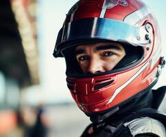 Race car driver preparing for competition at a motorsport event in the early morning photo