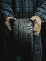 Mechanic displaying a worn tire in a workshop setting during evening hours photo