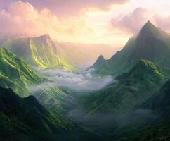 Stunning mountain range with misty valley under vibrant sunrise lighting photo
