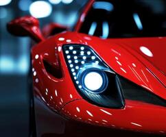 Close-up view of a sleek red sports car highlighting modern design and intricate details at night photo