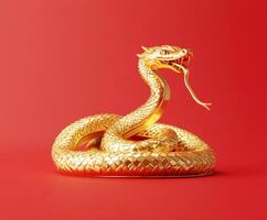 Golden snake sculpture displays intricate design against vibrant red backdrop photo