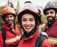 Firefighters in uniforms smiling during training session outdoors in a natural setting with trees photo