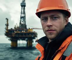 Portrait of a worker on an offshore oil rig with machinery in the background during an overcast day at sea photo