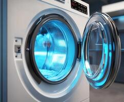 Washing machine with a transparent door showcasing a vibrant blue light during a wash cycle in a modern laundry room photo
