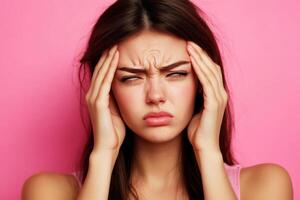 Young woman showing signs of stress or headache against a pink background in a studio setting photo