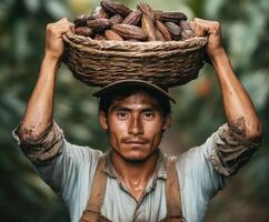Man carries basket of cacao pods on his head while working in lush fields at harvest time photo