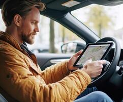 Driver using a tablet for navigation in a car on a city street during daytime photo