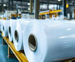Large rolls of plastic wrap await processing in a manufacturing facility during daylight hours photo