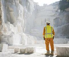 Worker examines marble quarry landscape under bright sunlight, showcasing vast white stone blocks in the background photo