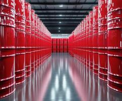 Rows of bright red barrels lined in a modern warehouse showcasing organized storage solutions and industrial efficiency photo