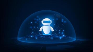 AI roboot in blue bubble over tech circle, chatbot assistant concept for business. vector