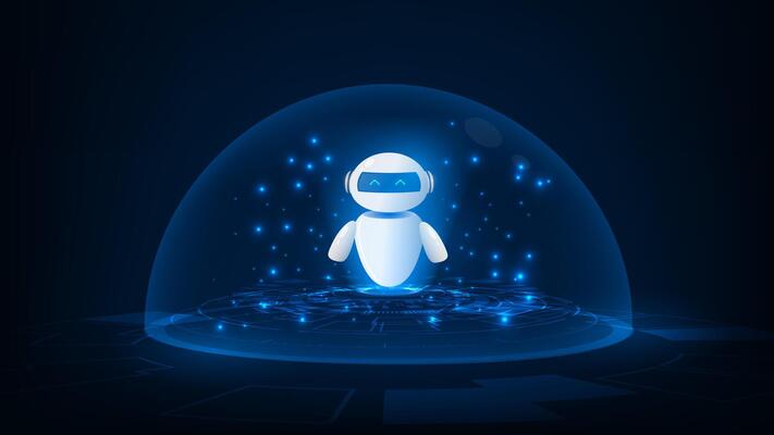AI roboot in blue bubble over tech circle, chatbot assistant concept for business.