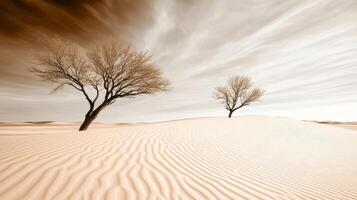 Desert landscape with sand dunes and bare trees under cloudy sky, evoking sense of solitude and tranquility photo