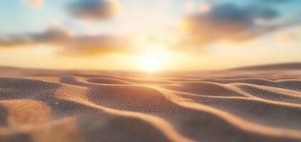 Sand dunes stretch across horizon under dramatic sunset, creating serene and tranquil atmosphere. soft textures of sand glisten in warm light photo
