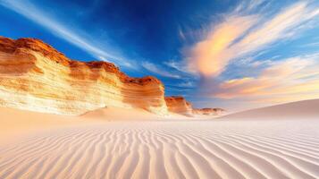 Towering sand cliffs formed by natural erosion under vibrant sky create stunning desert landscape. soft dunes and colorful clouds evoke sense of tranquility and wonder photo